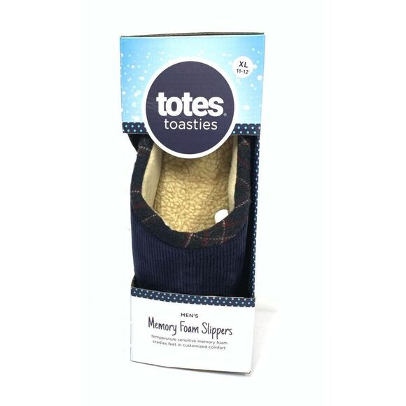 Totes Toasties Memory Foam Navy & Plaid Corduroy Slippers Men Size 11-12 XL NIB - Picture 1 of 6